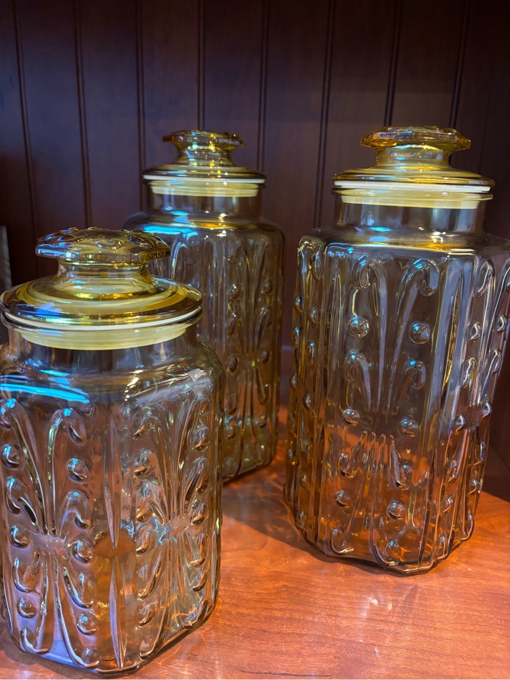 L.E. Smith amber glass Atterbury Scroll Canisters x 3